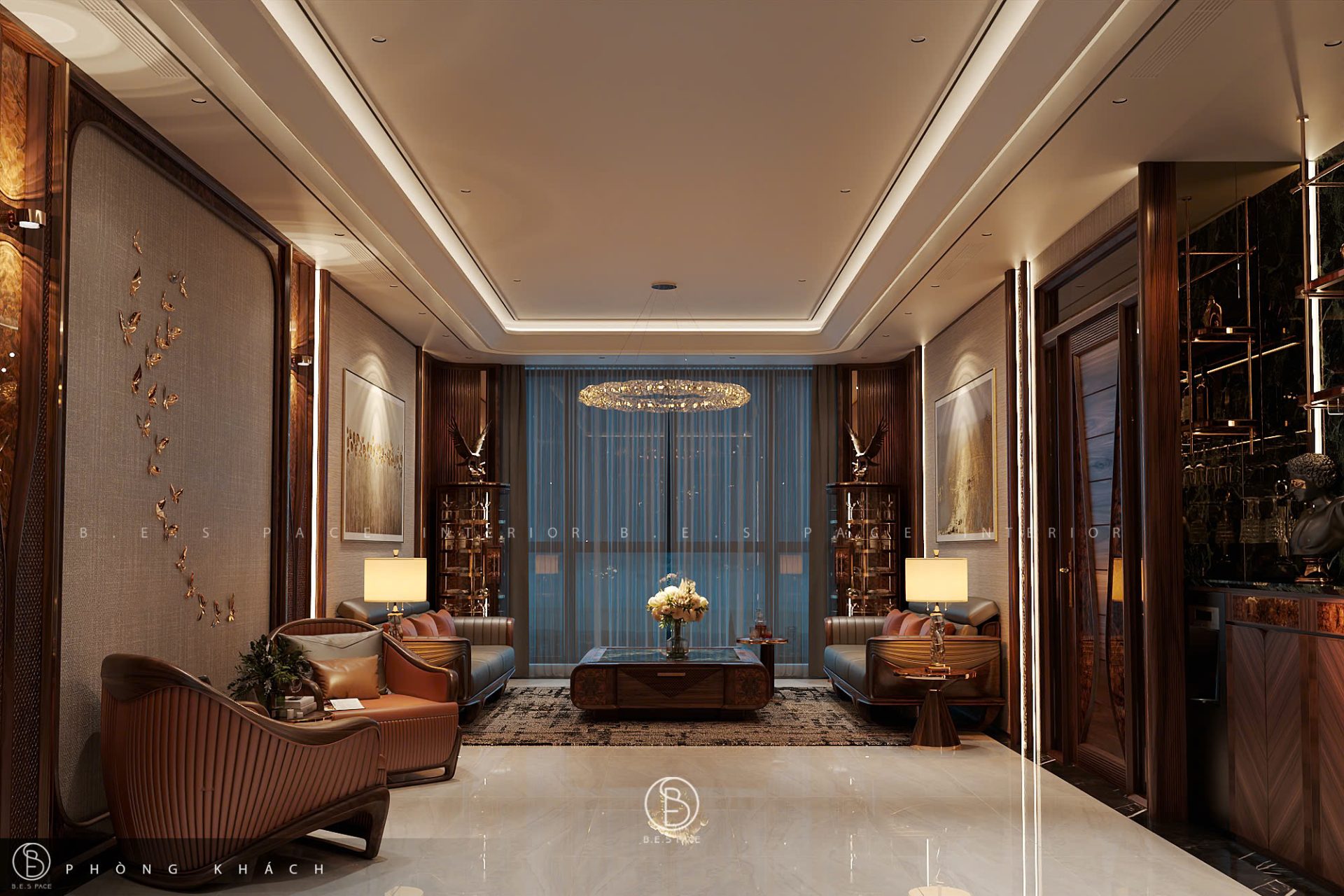 Thiết kế nội thất biệt thự phong cách gỗ óc chó